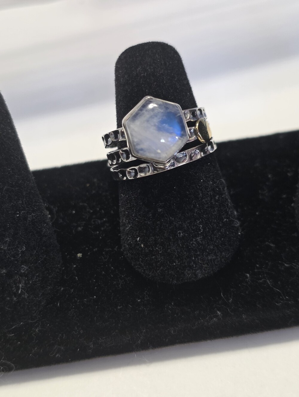 Sterling Silver Moonstone Hexagon Stack Ring in Blue-White